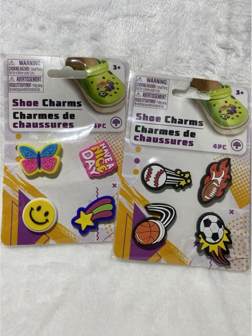 Assorted Plastic Shoe Charms 2, 4pc Set Unisex Kids Sports Smiley Butterfly etc